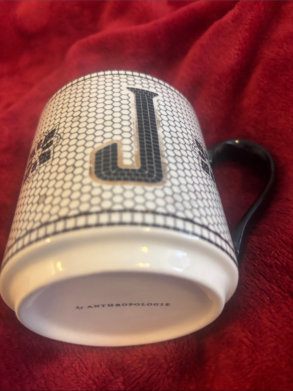 Anthropologie White Ceramic Mug with Black Monogram J
